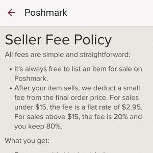 Posh fee 20% Under 15$ fee 2.95 Seller doesn't get paid untill you accept order